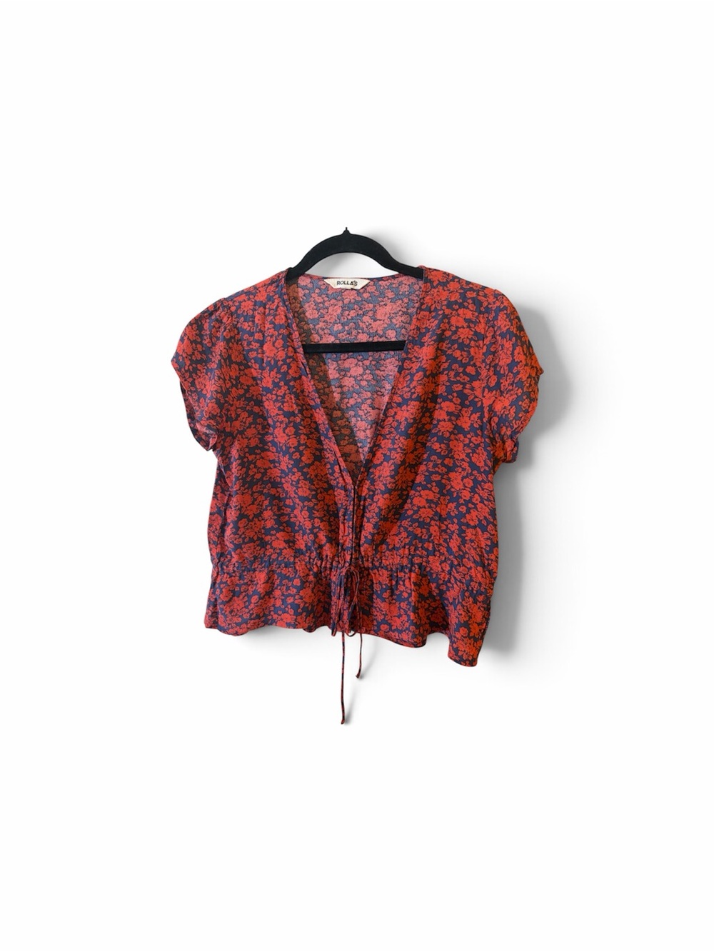 Rolla's Red Floral Delilah Tie Front Cropped Blouse Top Size Large